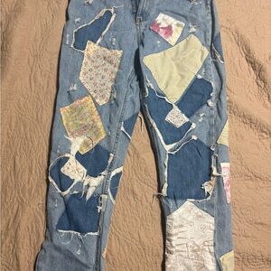 Zara Blue Straight Leg Jeans with Unique Patchwork Design